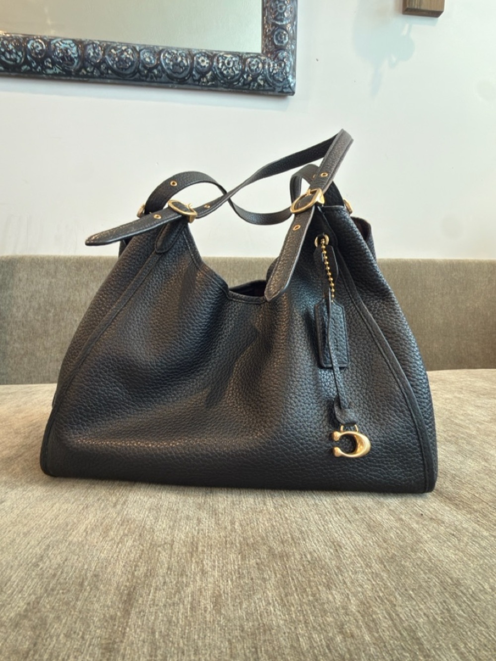 Authentic Coach Lori Black Pebble Leather Shoulder Bag With Gold Hardware